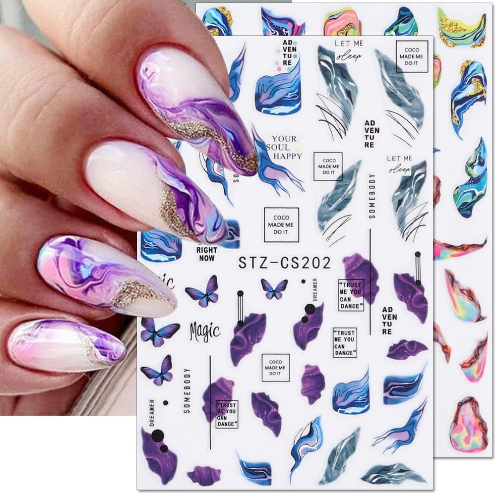 6 Blatt 3D Lila Schmetterling Nagelstickers Selbstklebend Nagelaufkleber Schmetterlinge Nail Sticker Bunte Blühen Marmor Nagel Aufkleber Regenbogen Welle Linien Nail Art Aufkleber Nageldesign Zubehör