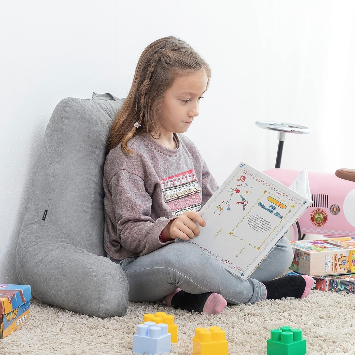 InnovaGoods Huglow Lesekissen mit Armlehne für Sofa, Bett und Teppich, Lesekissen mit Lordosenstütze und Tragegriff, ergonomisch, beugt Beschwerden und Schmerzen vor, grau