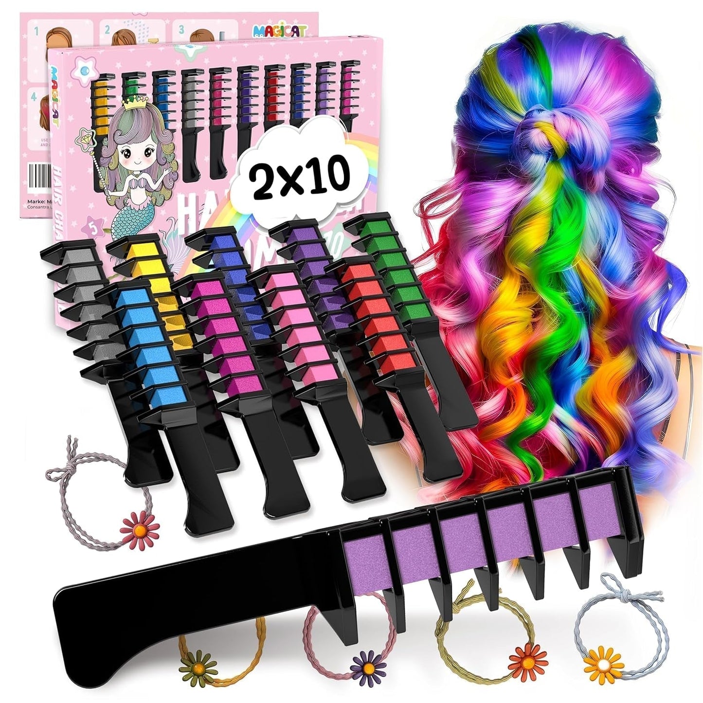 Magicat Haarkreide für Mädchen im Set I 10 auswaschbare Farben und 5 Haargummis I Geschenk für Mädchen von 4 bis 10 Jahren I Kreatives Geschenk zum Kindergeburtstag 2025 I Sichere und farbenfrohe Haarfarbe Naty Shop 400 g (1 Packung)