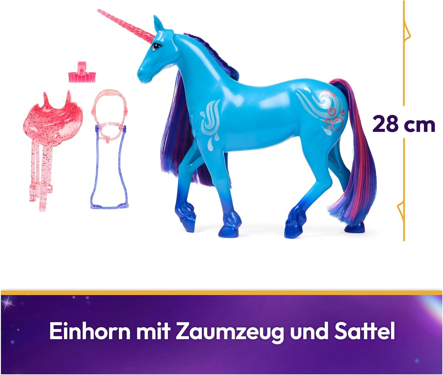 Unicorn River Einhorn-Akademie – 28 cm hohes, originales Isabel-Einhorn aus der Netflix-Serie, mit echter Mähne und Schweif, abnehmbarem Zaumzeug und Sattel sowie Bürste, für Kinder ab 4 Jahren