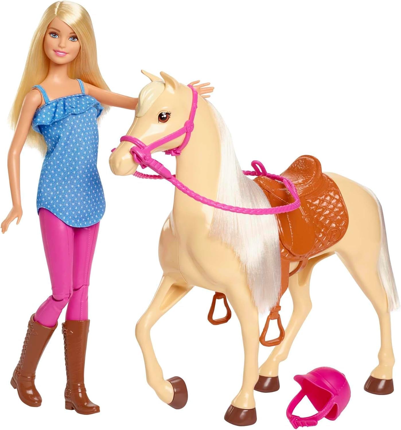 Barbie-Puppe und Pferdespielzeug, Reitzubehör, inklusive 1 Puppe und 1 Pferd, geeignet als Geschenk für Kinder ab 3 Jahren, FXH13