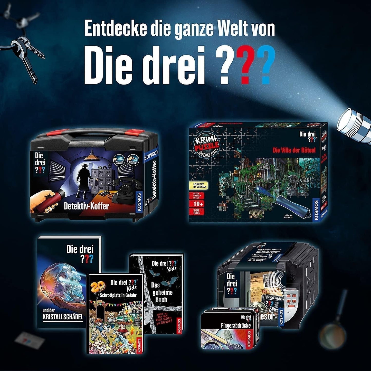 Die Drei??? - Krimi-Puzzle – Die Villa der Puzzles von KOSMOS 697976, 300 Teile, leuchtet im Dunkeln, mit UV-Lampe, Lesen, Puzzle, Rätsel lösen, Detektivpuzzle Ab 10 Jahren Puzzle Naty Shop