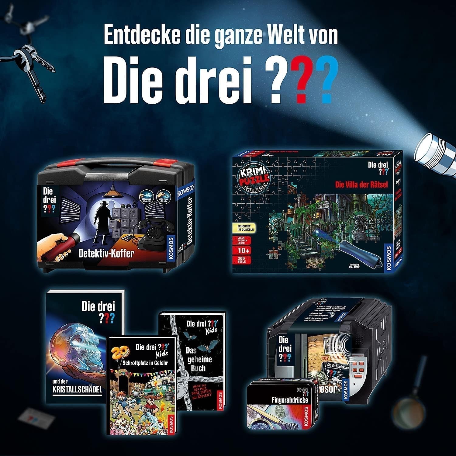 Die Drei??? - Krimi-Puzzle – Die Villa der Puzzles von KOSMOS 697976, 300 Teile, leuchtet im Dunkeln, mit UV-Lampe, Lesen, Puzzle, Rätsel lösen, Detektivpuzzle Ab 10 Jahren Puzzle Naty Shop