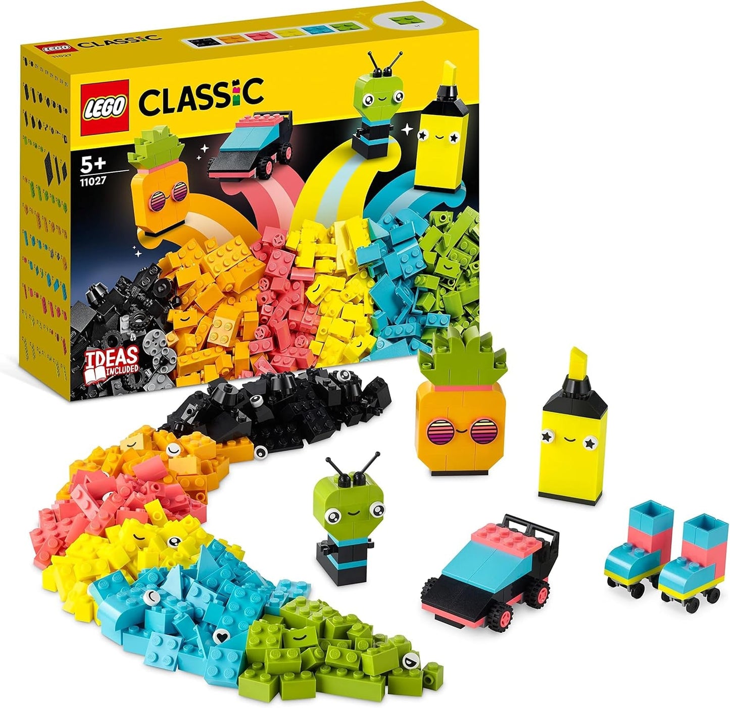 LEGO 11027 Classic Neon Creative Building Set, Brick Box Set, Bauspielzeug mit Modellen: Auto, Ananas, Alien, Rollschuhen, Figuren und mehr, für Kinder ab 5 Jahren. Bausätze Besuchen Sie den LEGO-Store Single