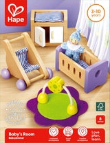 Hape Babyzimmer – Puppenzimmer-Set aus Holz, Babypuppenmöbel, Puppenhauszubehör für Kleinkinder, Miniatur-Babyzimmer mit Schaukel und Zubehör, Rollenspiel für 3-Jährige
