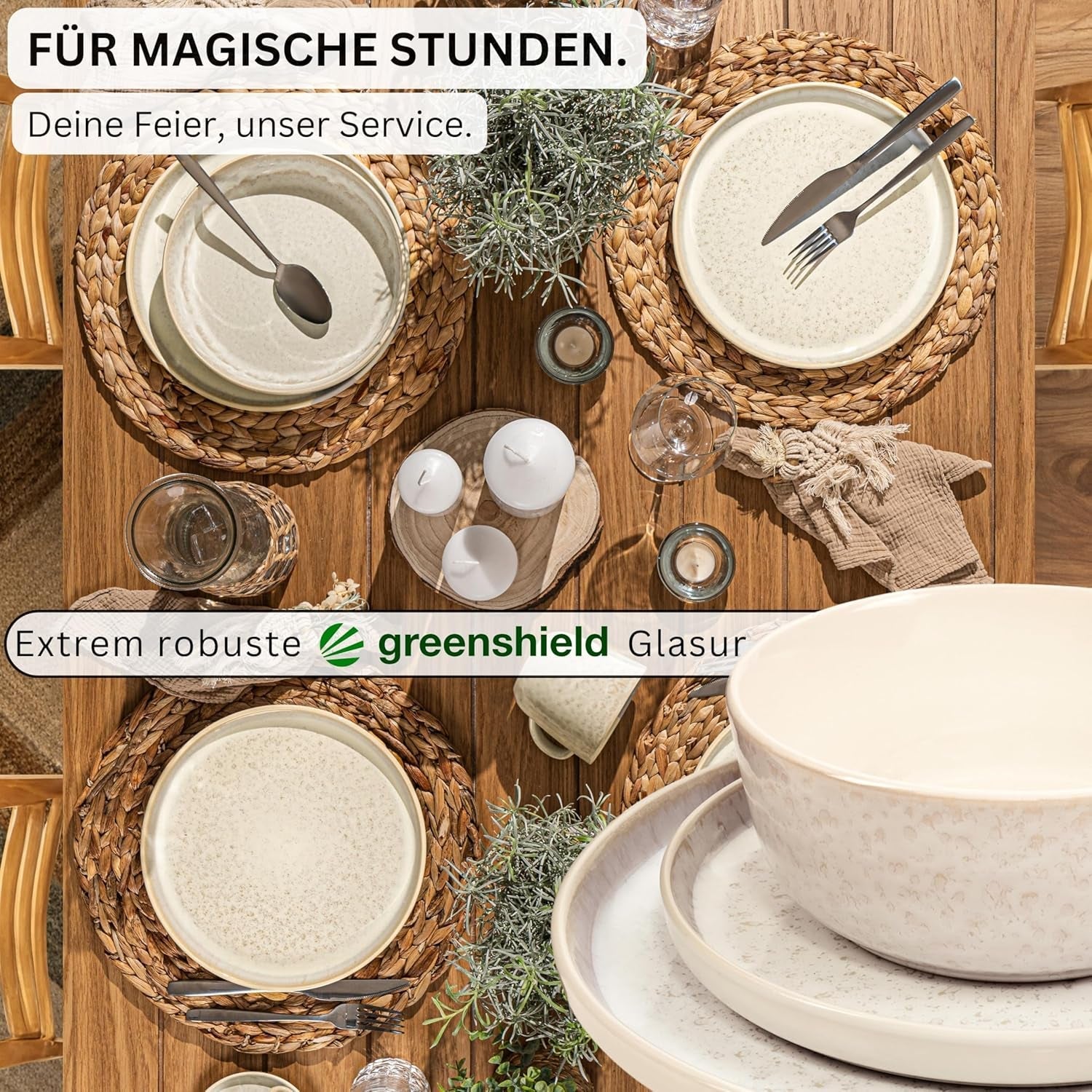 SÄNGER Key West | Steinzeug-Geschirr-Set, 24-teiliges Speiseteller-Set für 6 Personen, 6 Speiseteller, Müslischalen, Dessertteller, Nudelschalen, cremefarbenes Geschirr mit sandiger Textur | DIE VALUE-KOLLEKTION