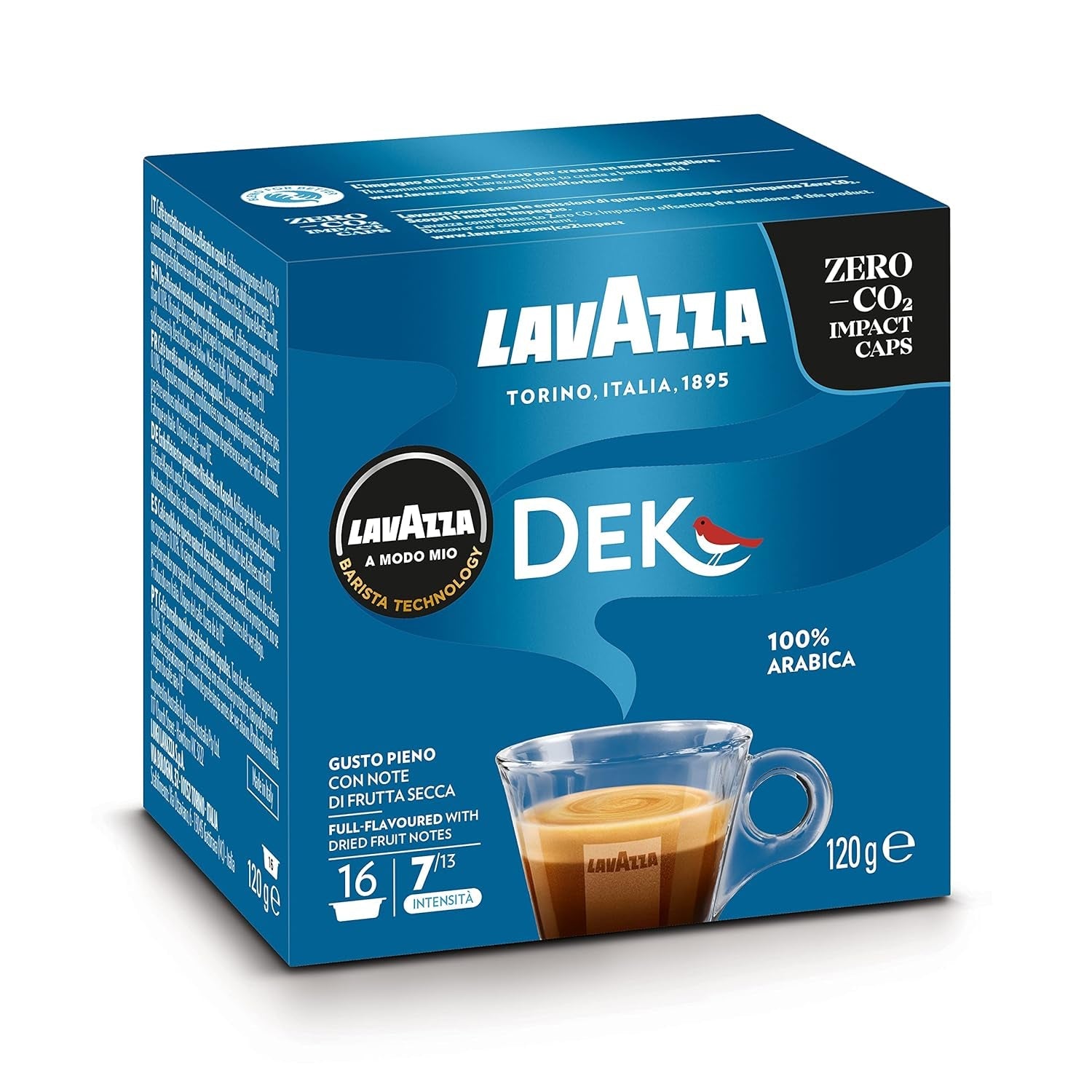 Lavazza A Modo Mio Dek Cremoso, 256 Kaffeekapseln, für entkoffeinierten Espresso mit aromatischen Noten von Mandeln und Candidis, 100 % Arabica, Intensität 7/13, mittlere Röstung, 16 Packungen