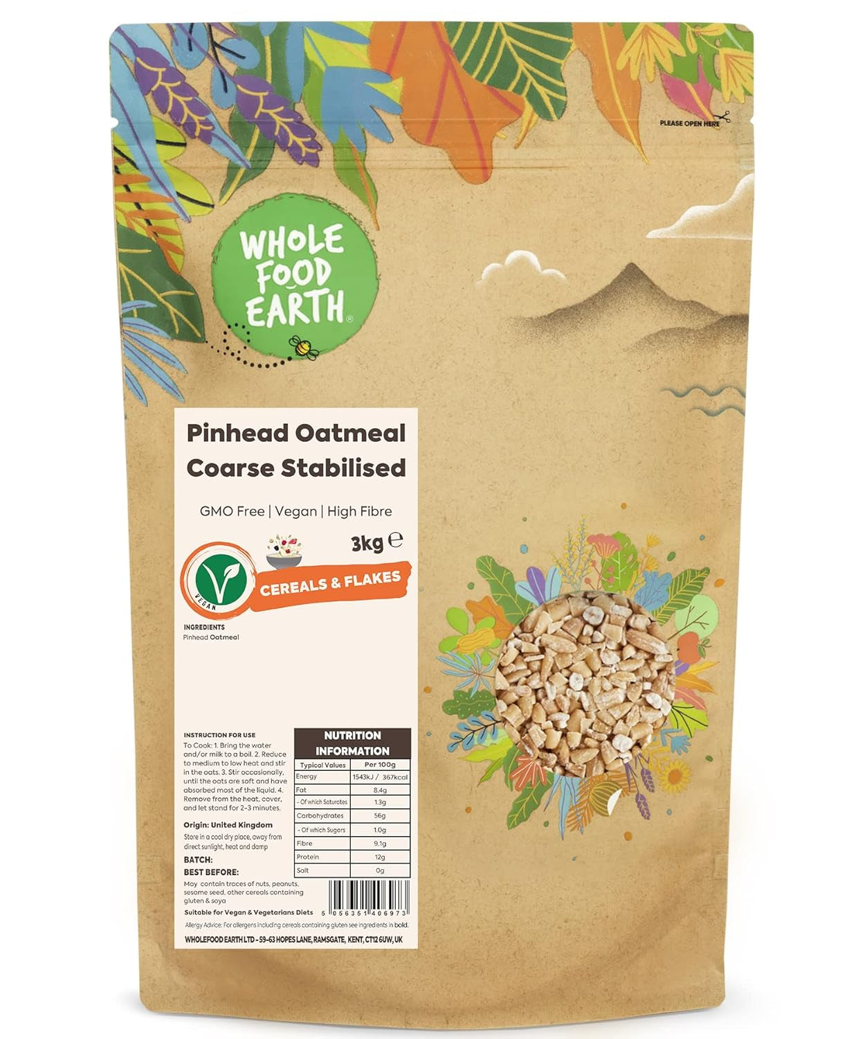 Wholefood Earth Pinhead Haferflocken grob stabilisiert 3 kg | GVO-frei | Reich an Ballaststoffen