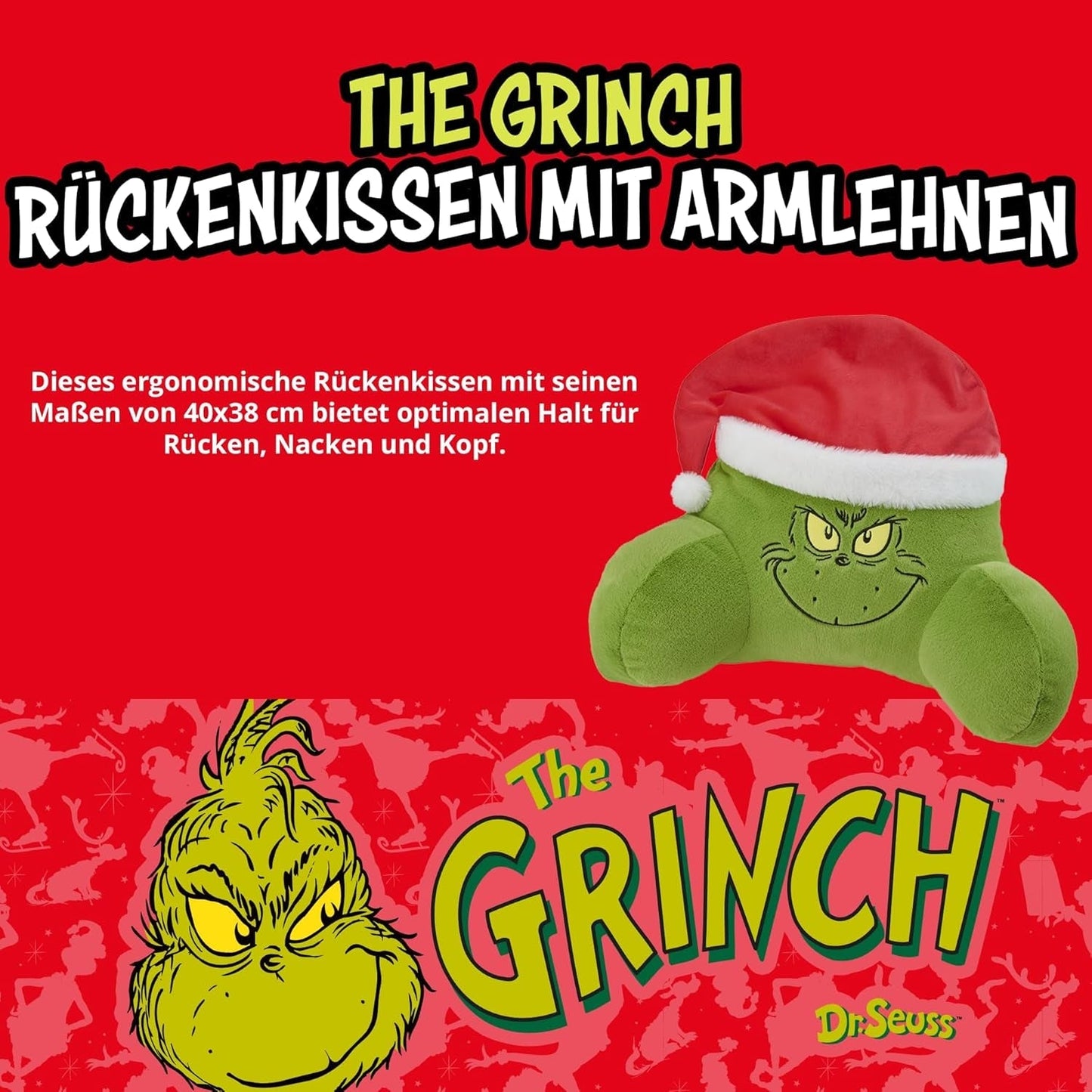 Grinch Pillow – Rückenkissen für Bett und Sofa, Rückenstütze mit Armlehnen, Lesekissen für Rücken, Nacken und Kopf, grün, 40 x 38 cm