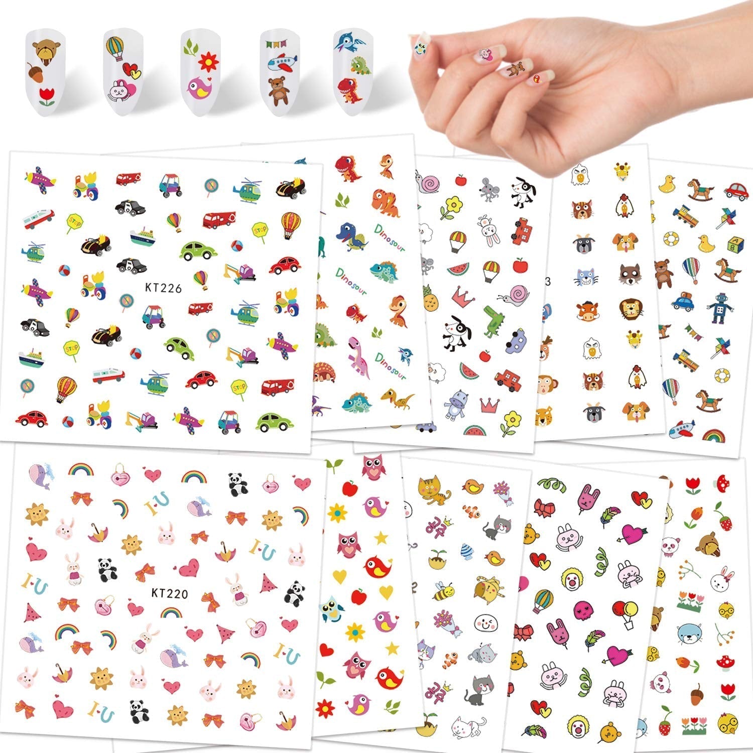 Nagelaufkleber für Kinder und Mädchen, über 600 Designs, Tiere, Früchte, Dinosaurier, Autos, Blumen, selbstklebende 3D-Nagelaufkleber für Kindergeburtstag, Party, Tee, Nagelstudio und Spa-Geschenk