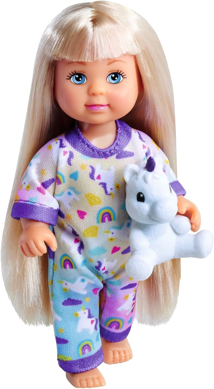 Simba Evi Love Pyjamas, 3 verschiedene Farben, nur ein Artikel wird versendet, Puppe im süßen Pyjama mit Einhorn-Plüschtier, Spielpuppe 12 cm, ab 3 Jahren