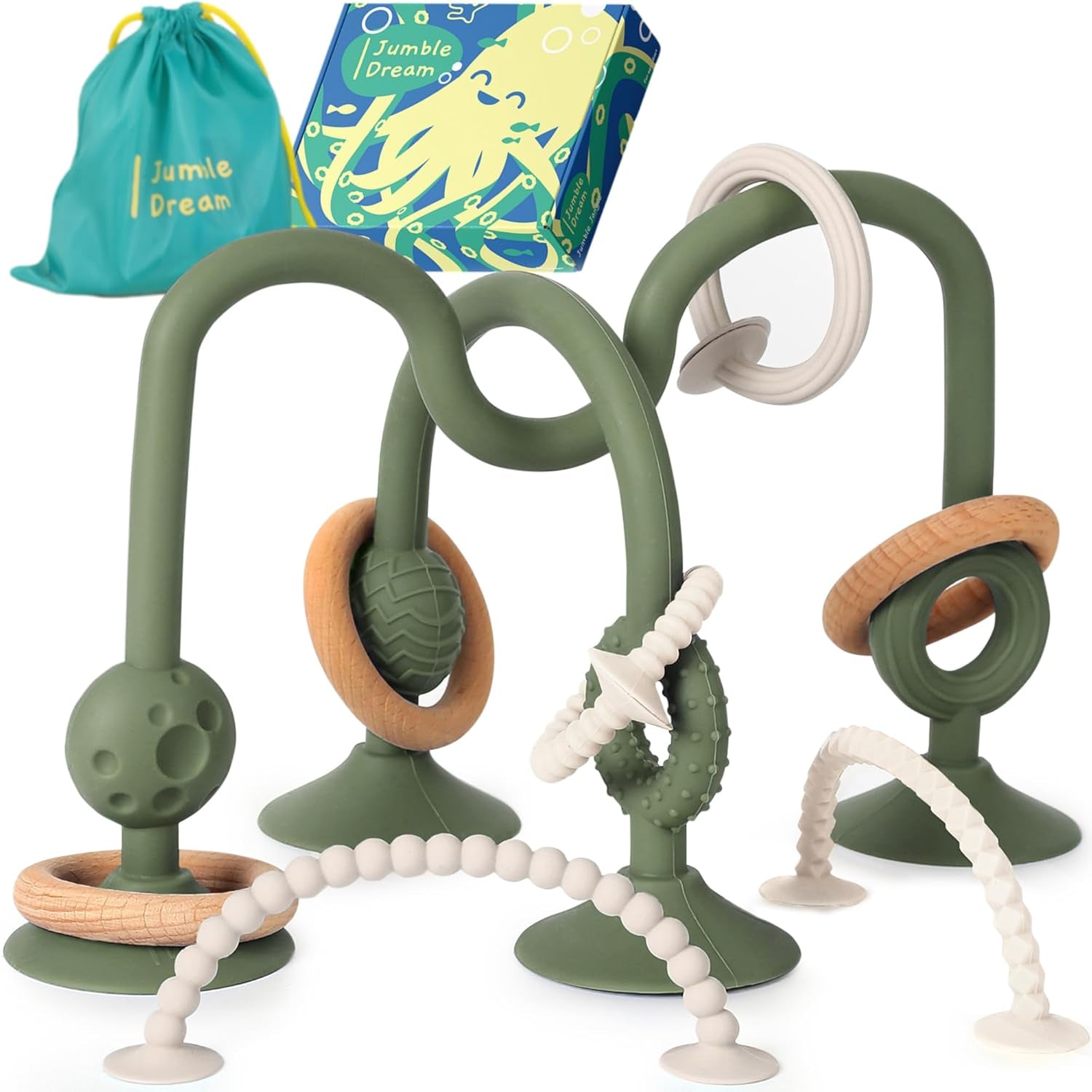 JUMBLE JANGLE Baby-Beißring: Baby-Beißspielzeug 3-24 Monate | Set mit 7 BPA-freien Kauspielzeugen | Kühlender Silikon-Beißring | Kleinkindspielzeug mit Saugnapf für Hochstuhl, Tisch und Badewanne