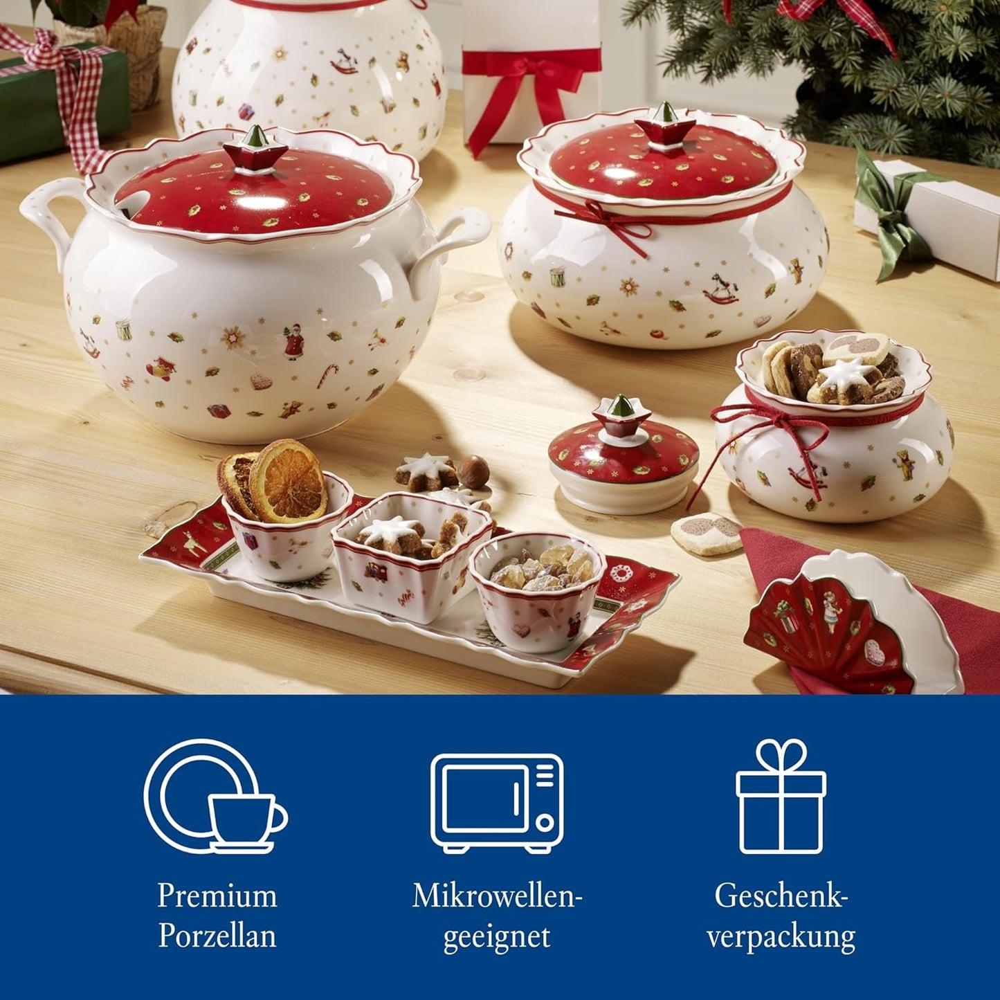 Villeroy & Boch - Toy's Delight Soßenset, 4-teilig, Servierplatte mit Schalen, weihnachtliches Soßenschalen-Set, Spielzeug-Tischdekoration, Serviertablett, Schüsseln, Weihnachtsgeschirr, Premium-Porzellan
