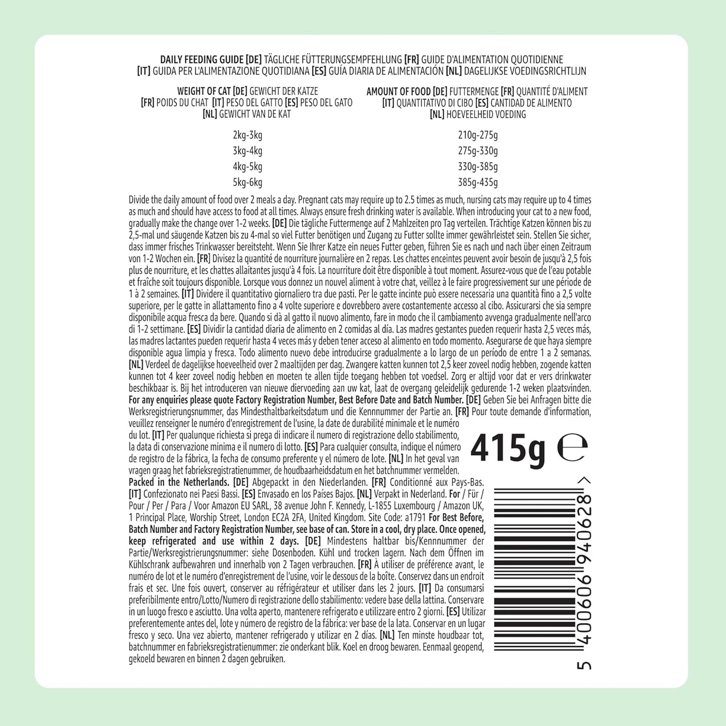 Amazon getreidefreies Nassfutter für Katzen in Dosen mit Hühnerflecken, 12 x 400 g