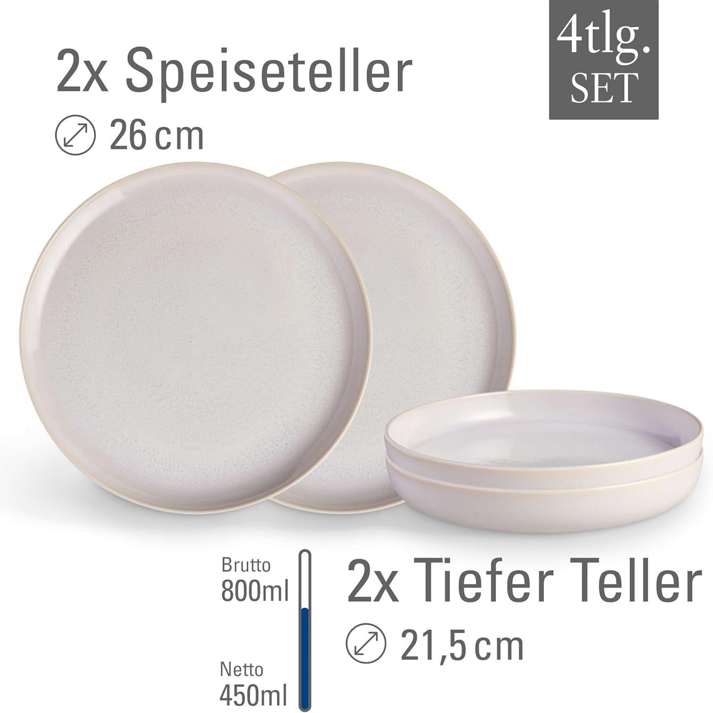 wie. by Villeroy & Boch – Crafted Cotton Dinner-Set 4 teilig Weiß, Spülmaschinenfest, Mikrowellensicher, Geschirrset, Tafelservice Modern, Speiseteller, Tiefe Teller, Pottery-Look, Premium Porzellan