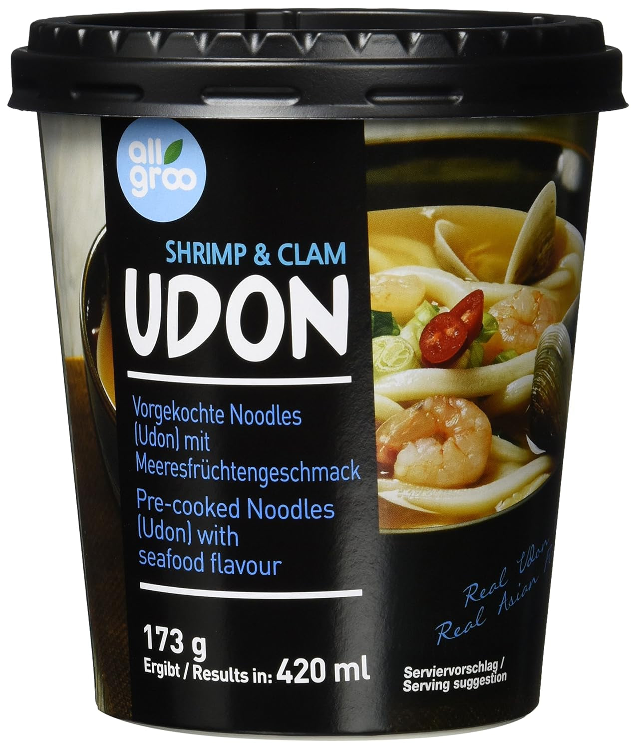 Allgroo Udon Cup Instant-Nudeln – geschmackvolle und würzige Meeresfrüchte-Udon-Suppe – schnelle Zubereitung (1 x 173 g)