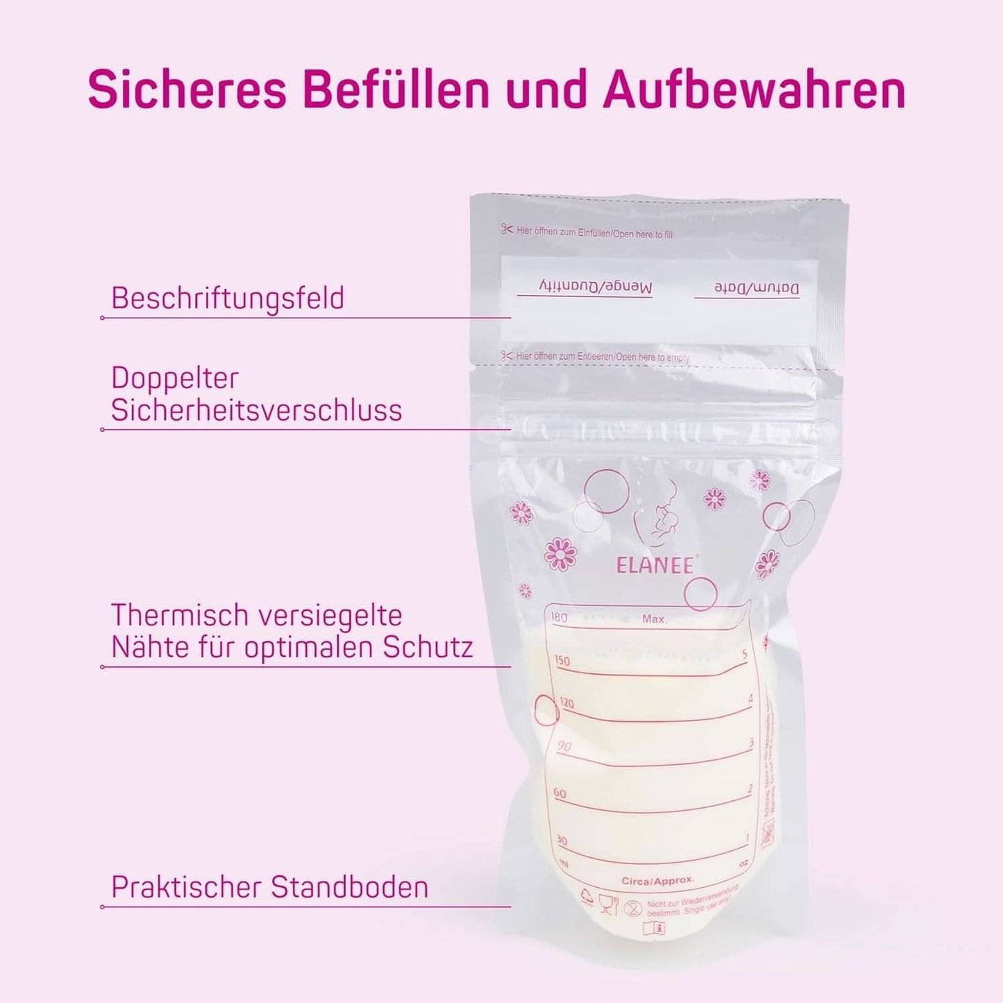 ELANEE Muttermilchbeutel, Aufbewahren & Einfrieren Von Muttermilch, Geschmackneutral Und Vorsterilisiert, Doppelter Sicherheitsverschluss, 20 Stück, Mit Standfuß (711-00) Babynahrung und Stillzubehör Naty Shop