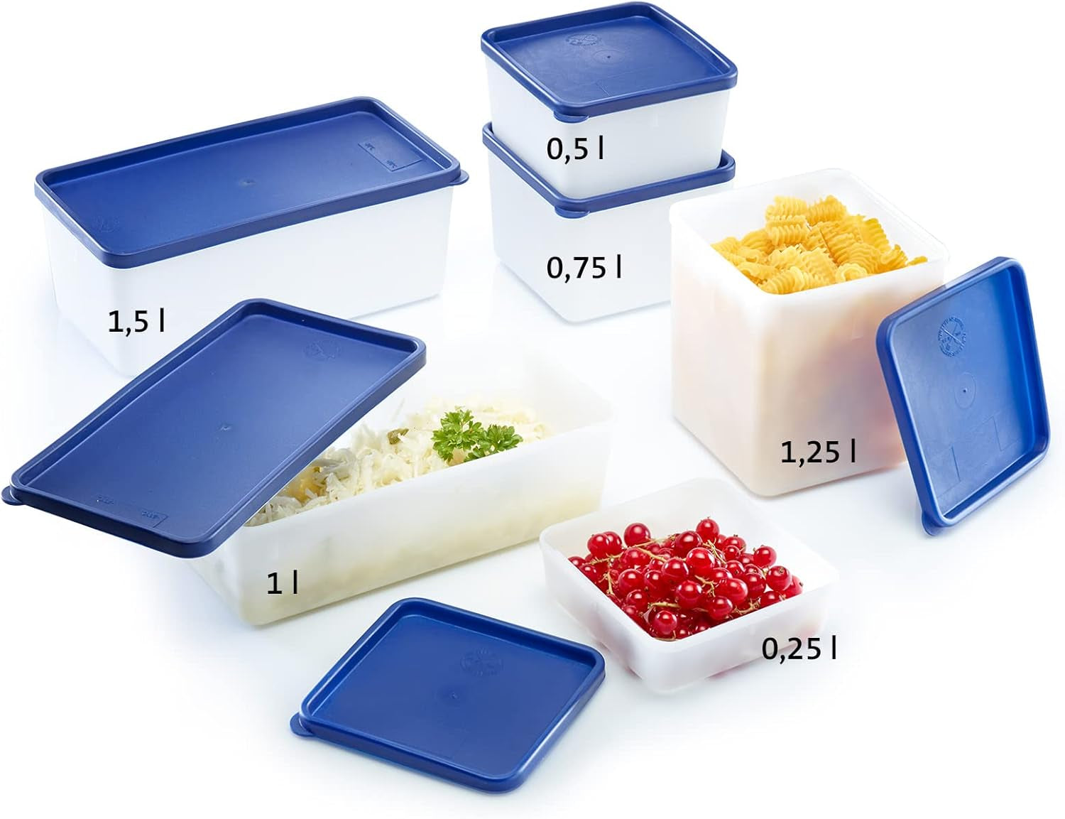 Westmark 4 Frischhalte-/Gefrierbehälter, inklusive Deckel, Fassungsvermögen: je 0,25 l, stapelbar, Kunststoff, Trio, Farbe: transparent/blau, 25042270 Frischhaltedosen Naty Shop