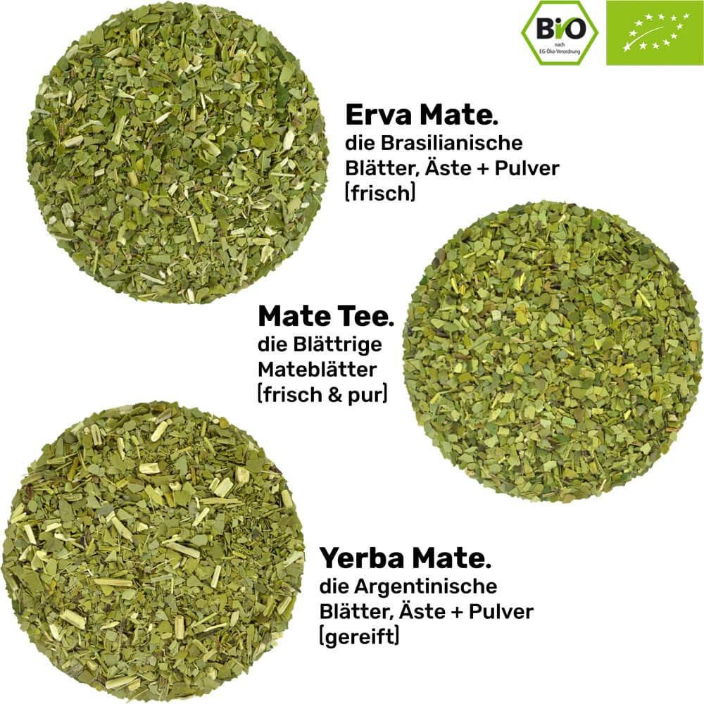 Mate-Tee-Set für zwei, Bio ● 2 Mate-Tassen + 2 Bombillas + 300 g Mate-Tee + Zubereitungsanleitung