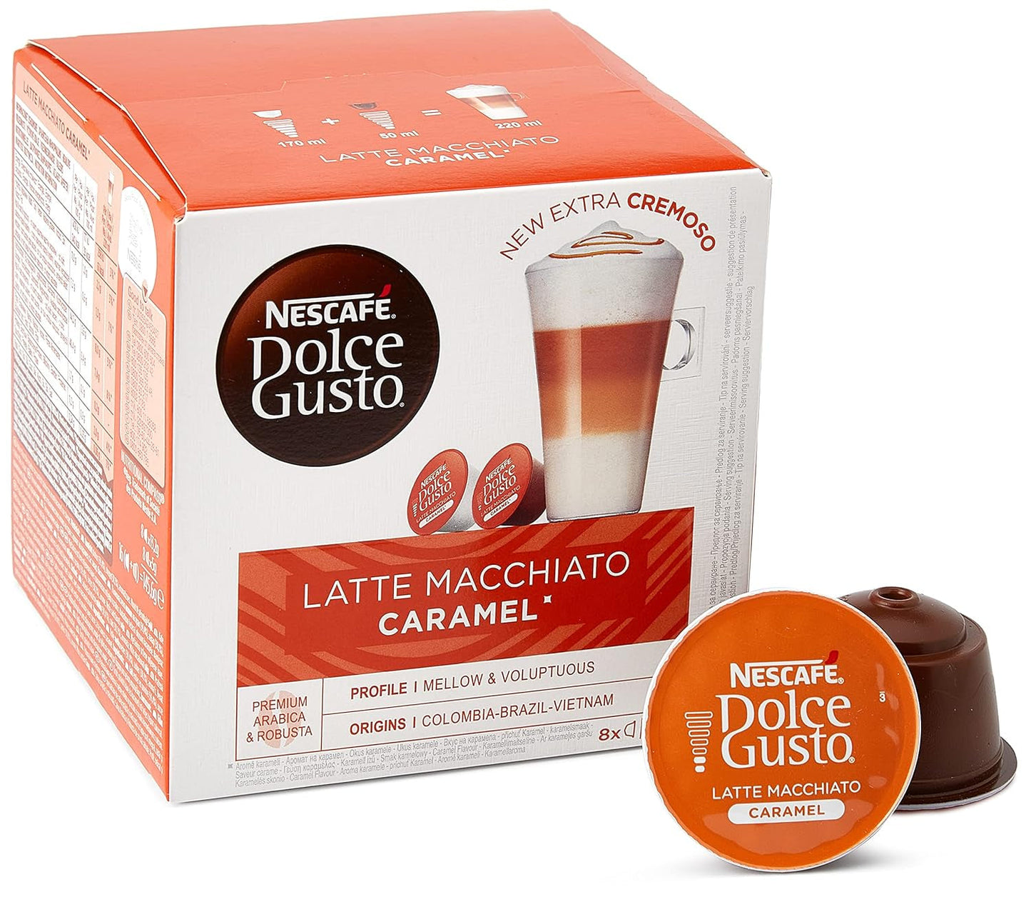 Latte Macchiato | 96 Kaffeekapseln & Latte Macchiato Karamell | 48 Kaffeekapseln | Arabica-Robusta-Mischung | Feines Karamellaroma und leckerer Milchschaum
