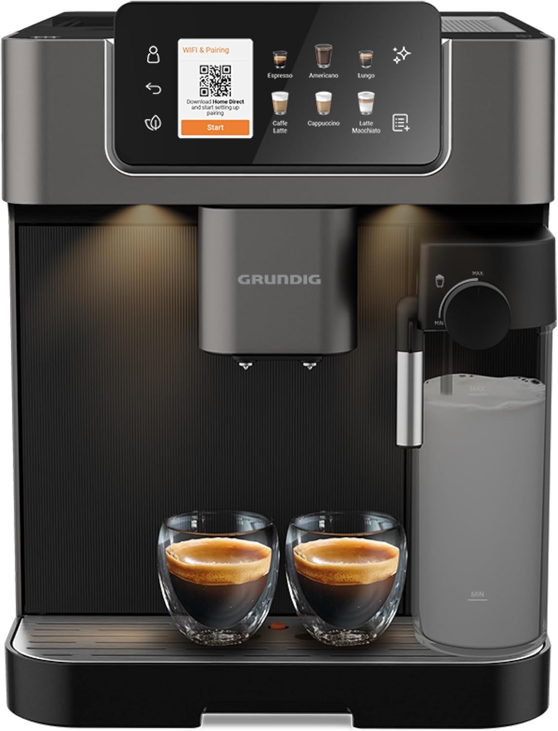 GRUNDIG KVA 6230 Espressovollautomat mit Milchaufschäumer, Edelstahlmahlwerk mit 13 Mahlstufen, Bohnenbehälter 250 g, abnehmbarer Wassertank 2 Liter, Pumpendruck 19 bar, Touch-Display, schwarz