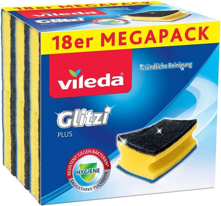 Vileda Glitzi, Spülschwamm für die Küche, mit antibakterieller Wirkung, stark saugfähig, Packung mit 18 Naty Shop Küchenreinigern