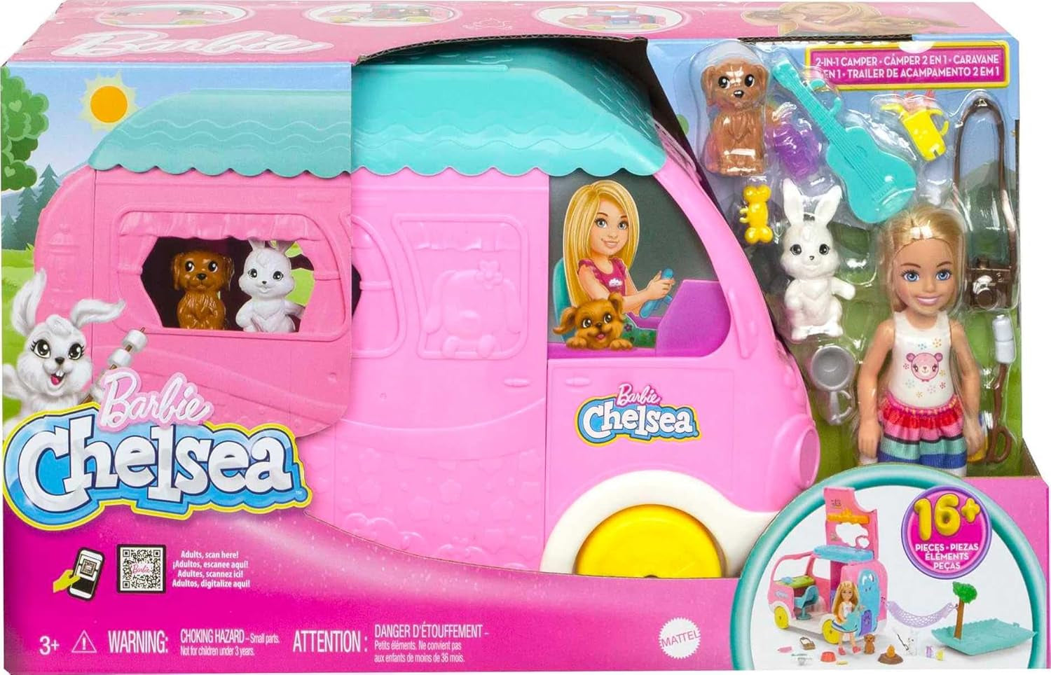 Barbie Chelsea 2-in-1-Wohnwagen – Spielzeugfahrzeug mit Pool, Hängematte und Essbereich für fantasievolles Spielen und Geschichtenerzählen, ab 3 Jahren, HNH90
