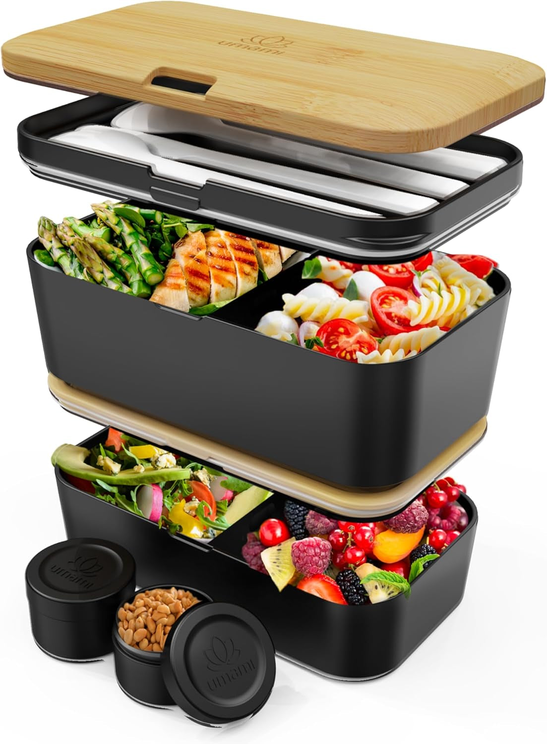 Umami Lunchbox für Erwachsene, auslaufsichere stapelbare Bento-Box mit 4 Besteck und Fächern, Lunchbox für Erwachsene, To-Go-Salatbehälter, Picknick-/Büro-Lunchbox, Anthrazit, 1500 ml