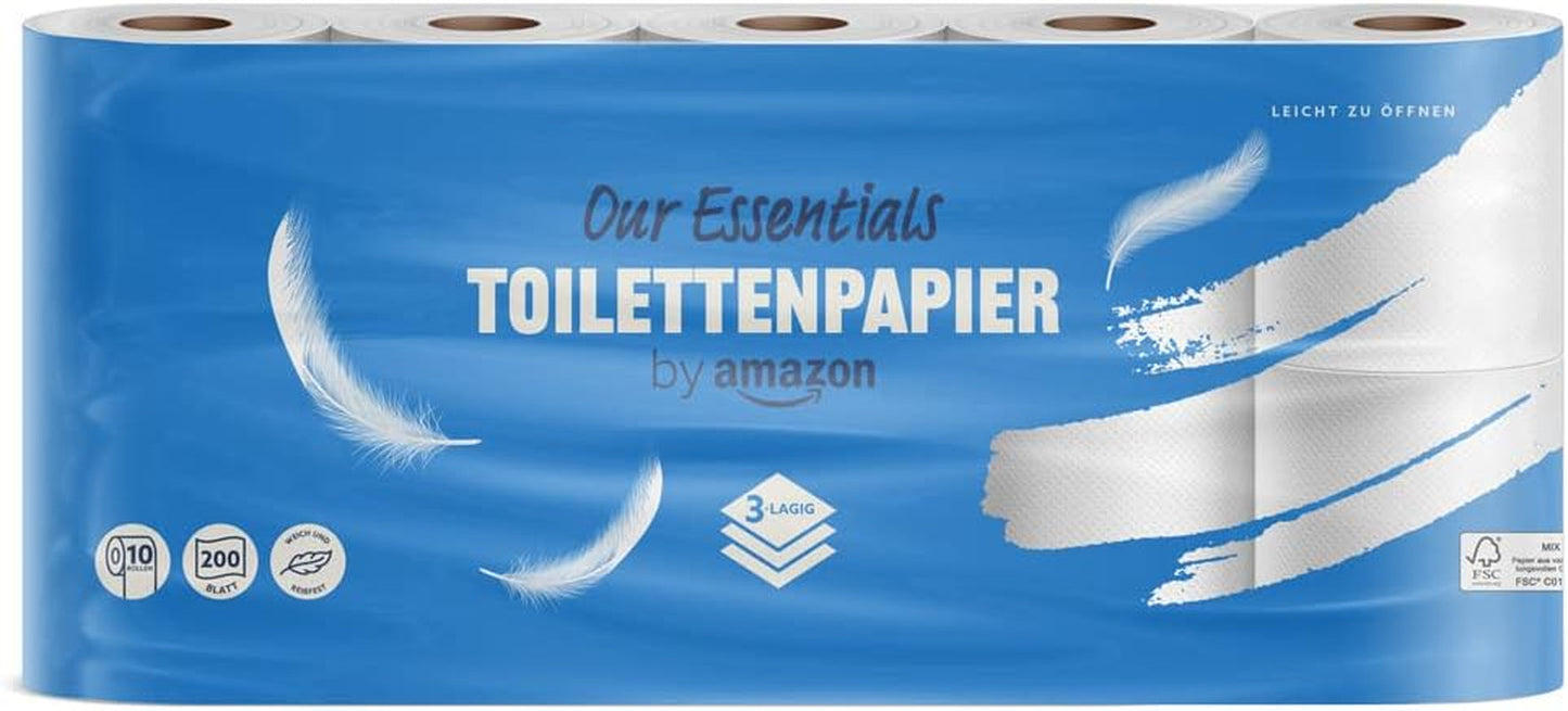 Von Amazon Toilettenpapier, 3 Schichten, 10 Rollen (10 Rollen, 1 Packung), 200 Blatt pro Rolle, FSC-zertifiziert