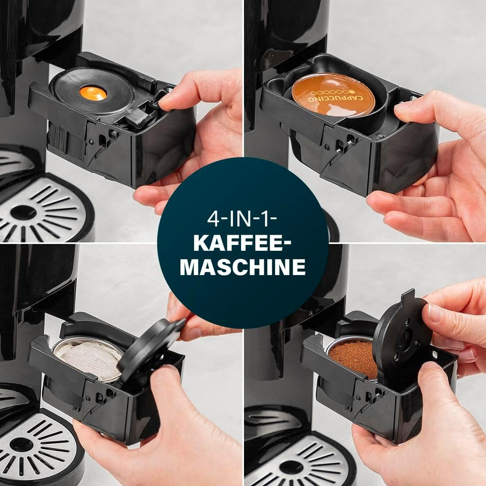 Princess 4-in-1-Mehrkapsel-Espressomaschine – 1450 Watt, Kapseln, Pads, gemahlener Kaffee, BPA-frei, 249450, 01.249450.01.001, Schwarz, Silber