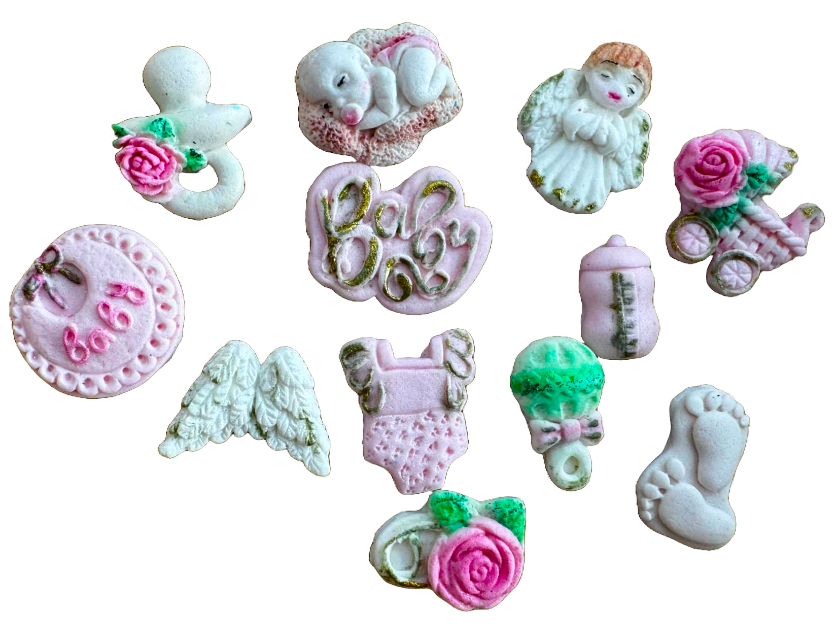 Set mit 12 essbaren Dekorationen aus Zuckerpaste, Naty Shop Taufdekorationen aus Zuckerpaste