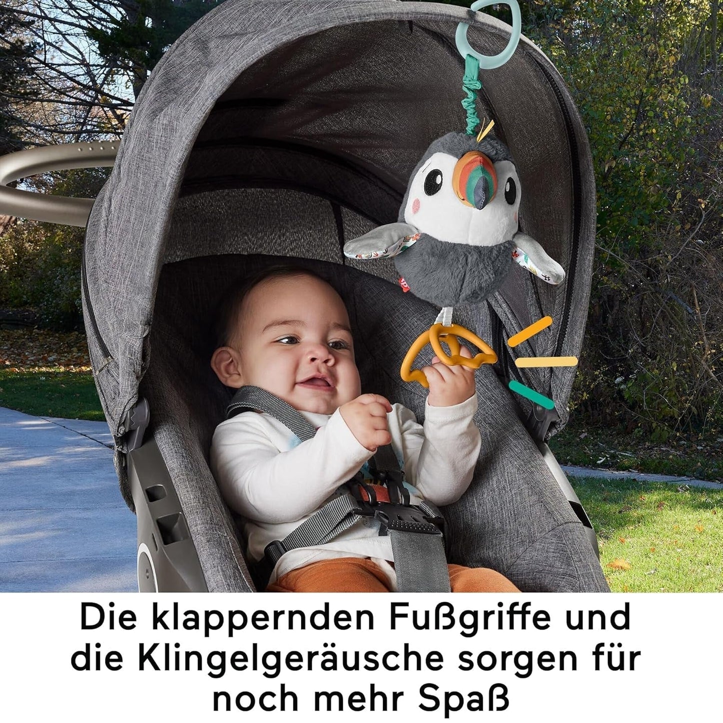 FISHER-PRICE Flap & Go Toucan – Kinderwagen-Plüschspielzeug fördert Feinmotorik und sensorische Fähigkeiten für Neugeborene ab der Geburt HNX66 Babyspielzeug Naty Shop