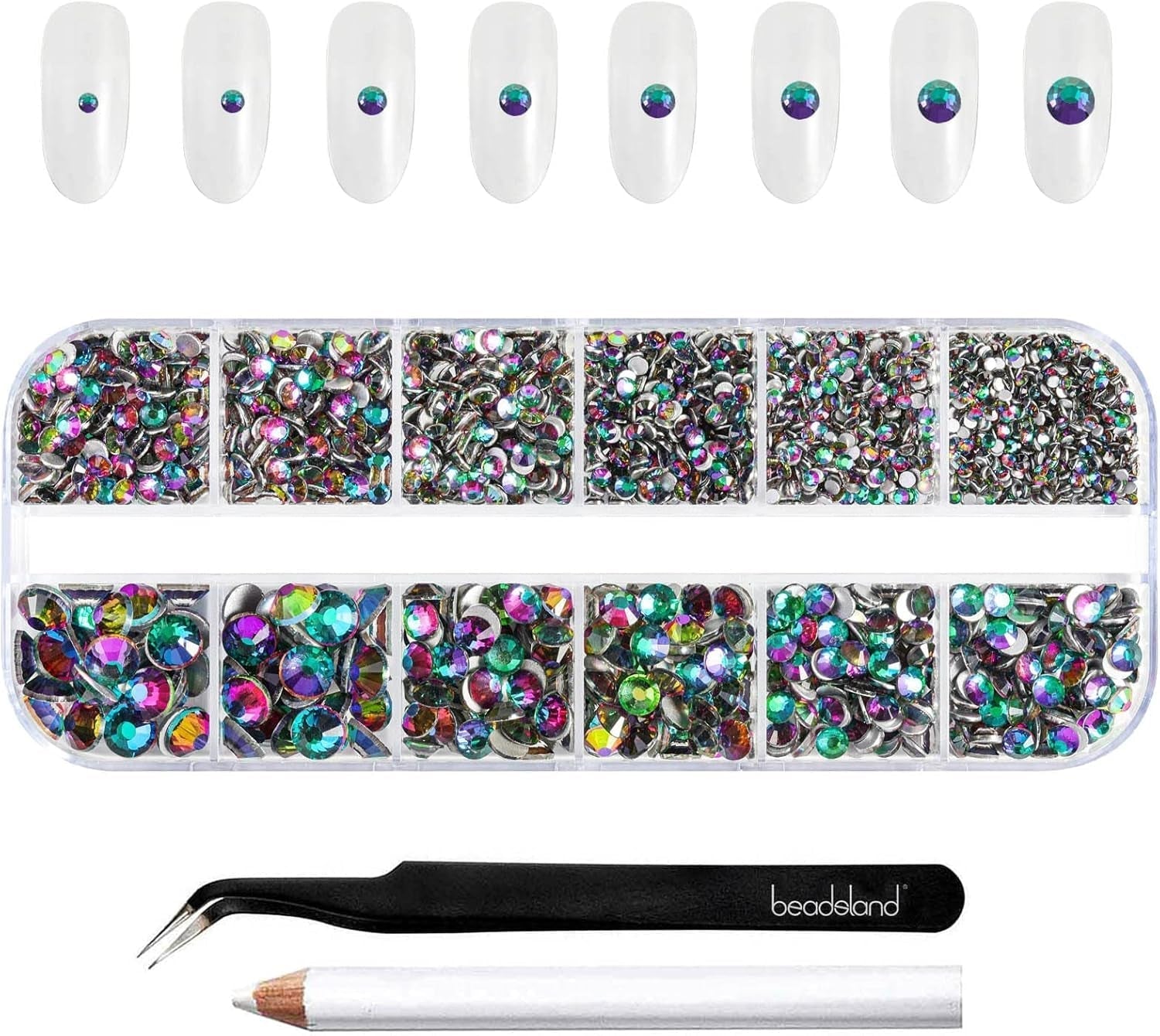 Beadsland 2500 Stück Glas Nailart Strasssteine ​​​​Kristall Flatback Edelsteine ​​​​Runde, ​​Für Handwerk Gemischt 8 Größen SS4 ~ SS30 Mit Picking Pinzette Und Stift (Kristall Weiß)