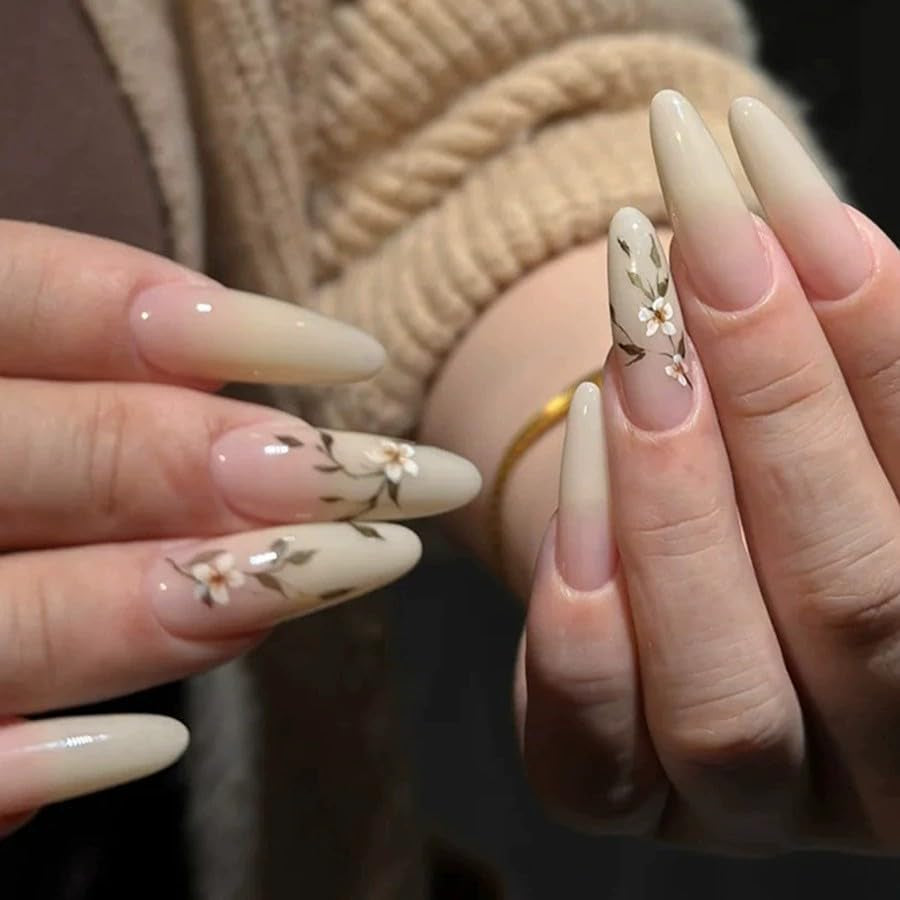 24 Stück lange Nägel zum Aufdrücken, Sarg, künstliche Nägel, Schmetterlingsblume, selbstklebende Nägel, weiß, braun, Acryl-Nagelset, Nagelspitzen, Damen, Frühling, Sommer, Nagelzubehör