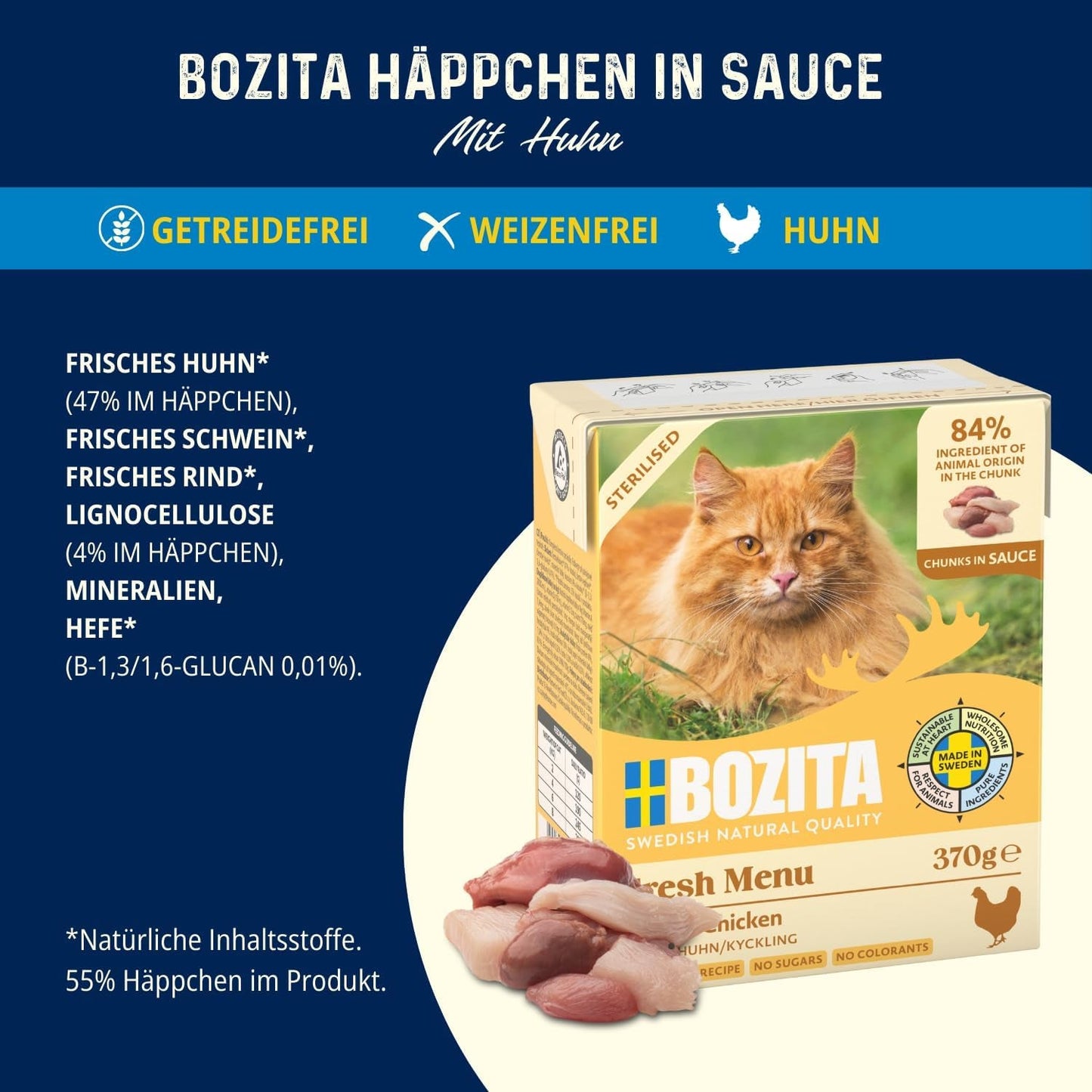 Bozita Tetra sterilisierte Stücke in Sauce mit viel Huhn – 6 x 370 g nasses getreide- und zuckerfreies Katzenfutter – gentechnikfrei, mit 8,5 % Protein und 4,5 % Fett – hochwertig und äußerst lecker