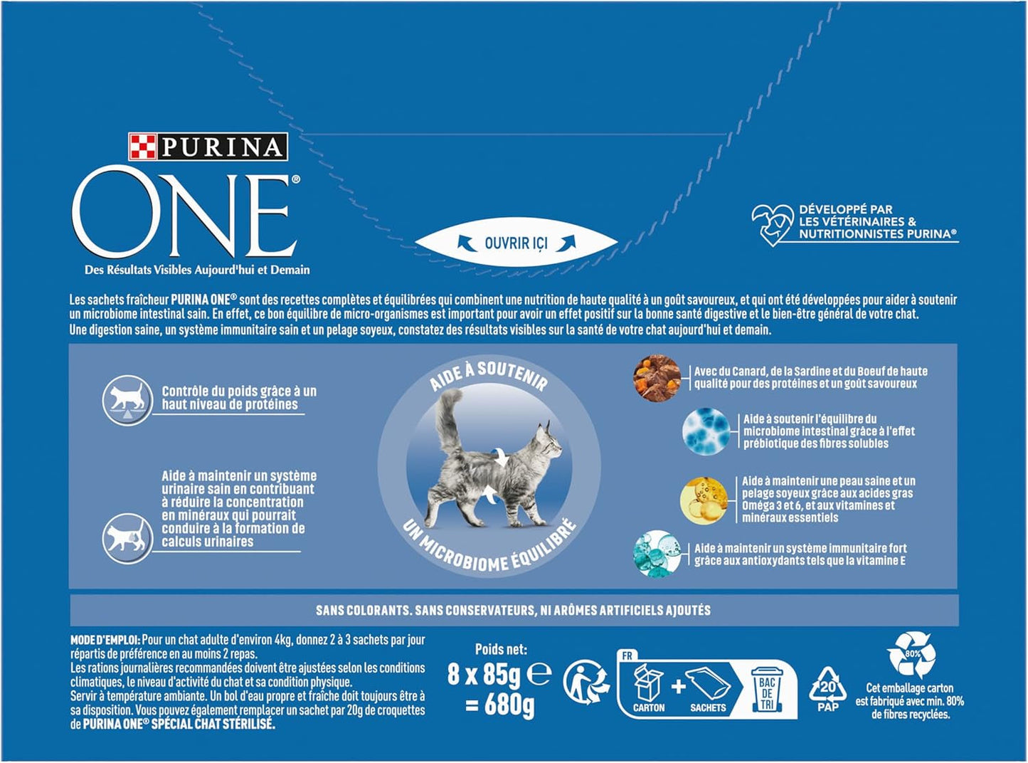 PURINA EINS | BIFENSIS | Futter für sterilisierte erwachsene Katzen | Unterstützt die Vitalität, Knochen, Muskeln und Gelenke der Katze | In Soße | Beutel mit Ente, Sardinen, Rindfleisch, Frische | 1 Stück (8 x 85g)