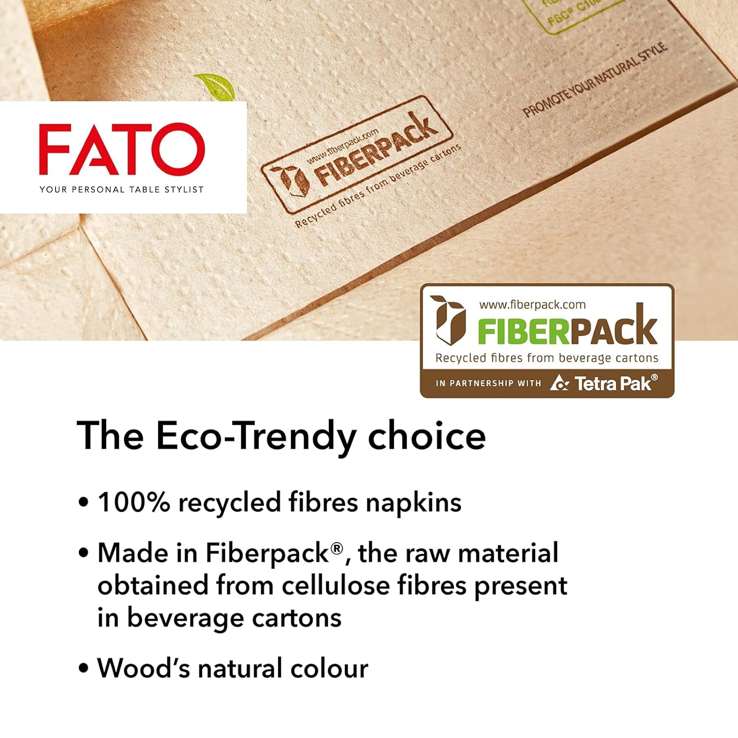 Fato – Natürliche 4-fach gefaltete Einweg-Papierservietten, umweltfreundlich, 40 Stück, Größe 38 x 38, 2-lagig, 100 % Recyclingpapier