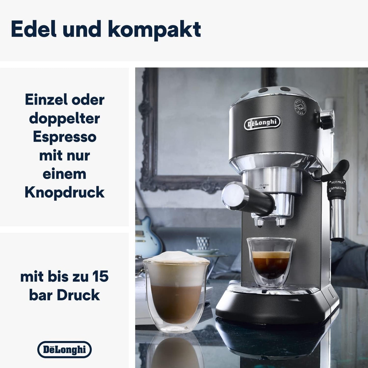 De'Longhi Dedica Style EC 685.B – Espressomaschine mit Siebträger, Espressomaschine mit professionellem Milchaufschäumer, nur 15 cm breit, für gemahlenen Kaffee oder ESE-Kapseln, 1 l Wassertank, schwarz