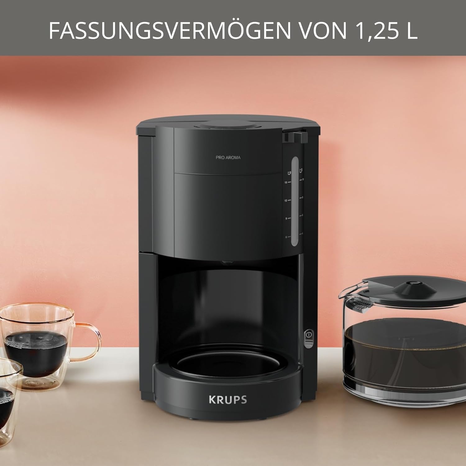 Krups F30908 ProAroma Espressomaschine mit Filter und Glaskaraffe, Fassungsvermögen 1,25 l, 10-15 Tassen, 1050 W, schwarz