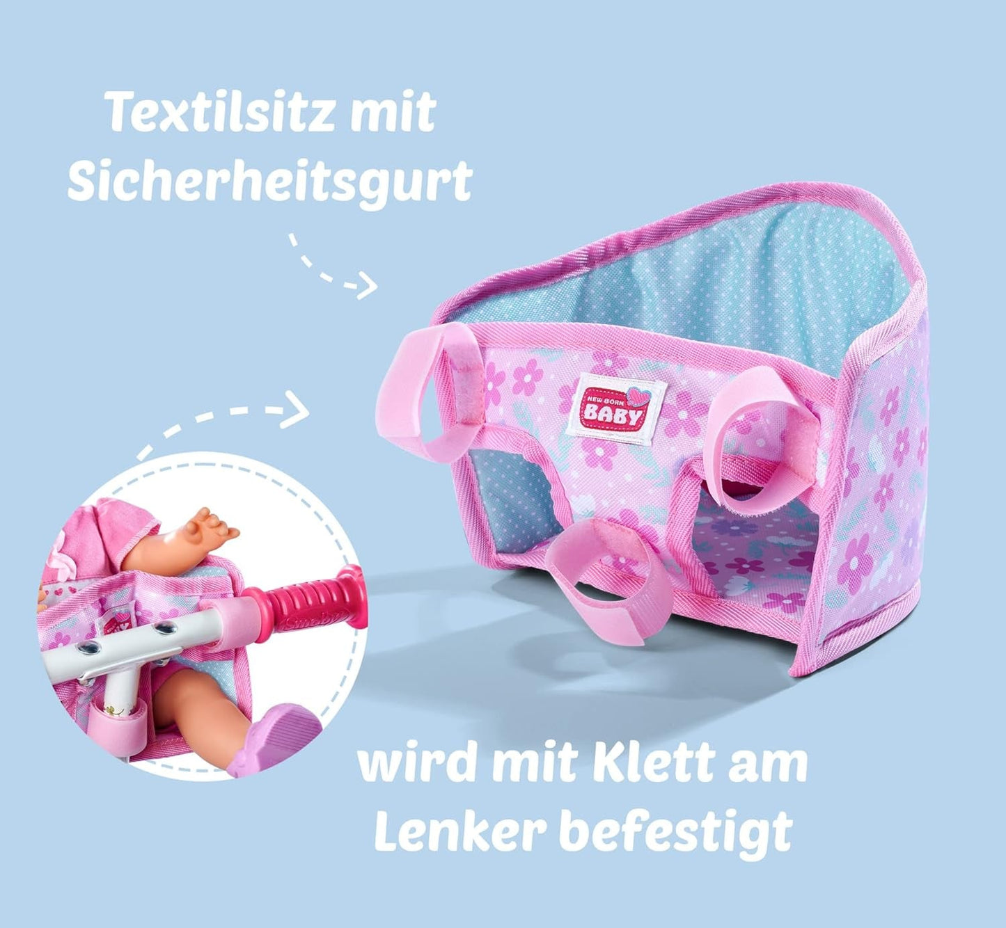 Simba 105560018 – Fahrradsitz für Neugeborene mit Gürtel, Puppenzubehör, Stoffsitz, Sicherheitsgurt, Klettverschluss-Lenker, für 30–43 cm große Puppen, ab 3 Jahren