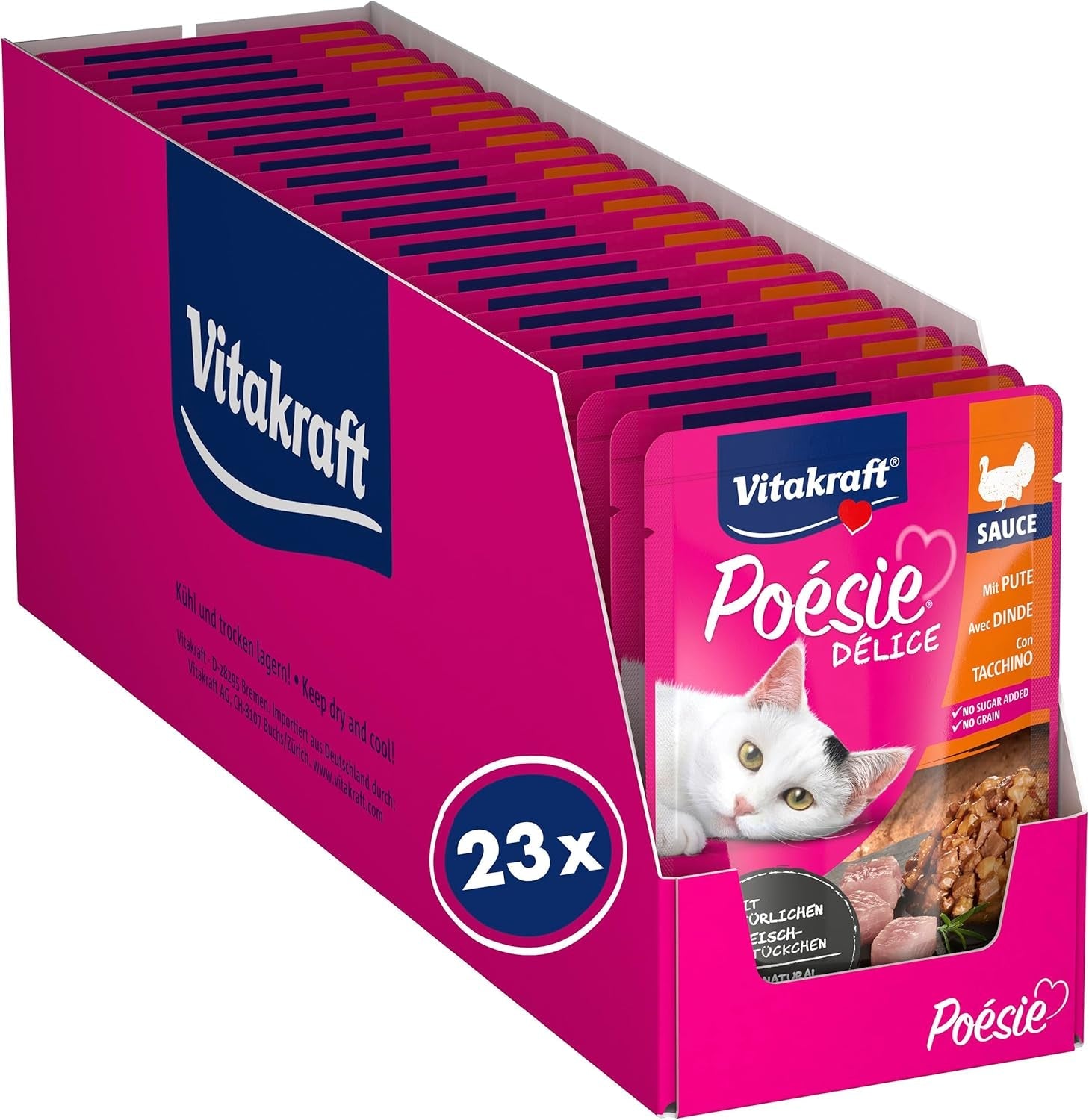 Vitakraft Poésie Délice, Nassfutter für Katzen, Katzenfutter in Soße, mit Truthahn, Großpackung, ohne Zusatz von Zucker oder Getreide (23 x 85g)