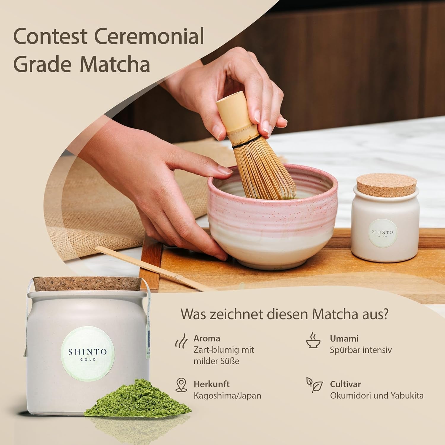 Shinto – „Gold“ Bio-Matcha-Tee – Grüntee-Pulver in Zeremonienqualität – JAS- und EU-BIO-zertifiziert – schattiert und handverlesen – Direktimport aus Uji, Japan – 30 g