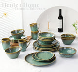 Henten Home Special Steinzeugteller, Snack- und Saucenschalen – 20 x 17 cm für 4 Personen, Frühstücksteller aus Porzellan – modernes grünes Design