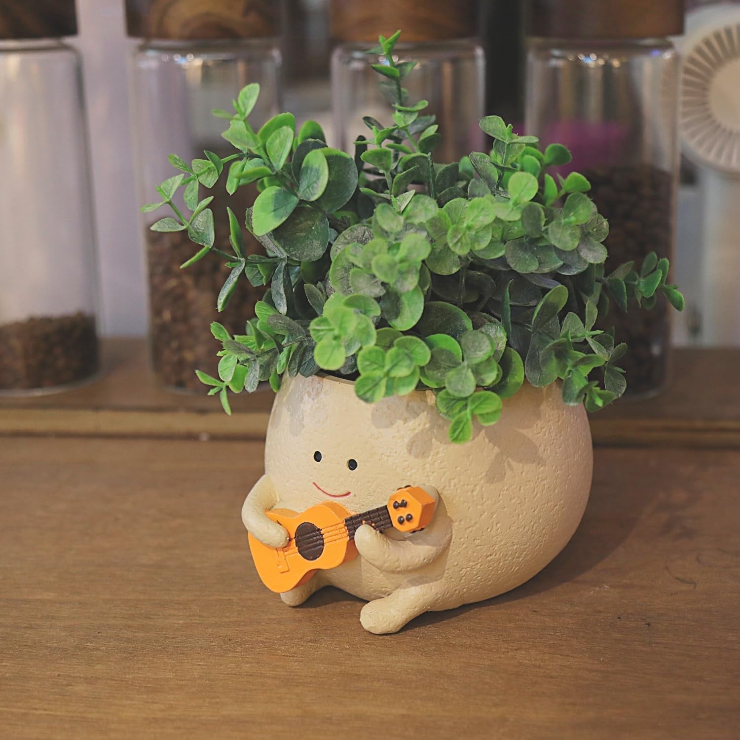 Blumentöpfe mit Smiley-Gesicht, niedlicher Harzkopf, Perlenkette, Blumentopf, einzigartige Gitarre, für drinnen und draußen, saftiger Blumentopf, Geschenkidee für Mama