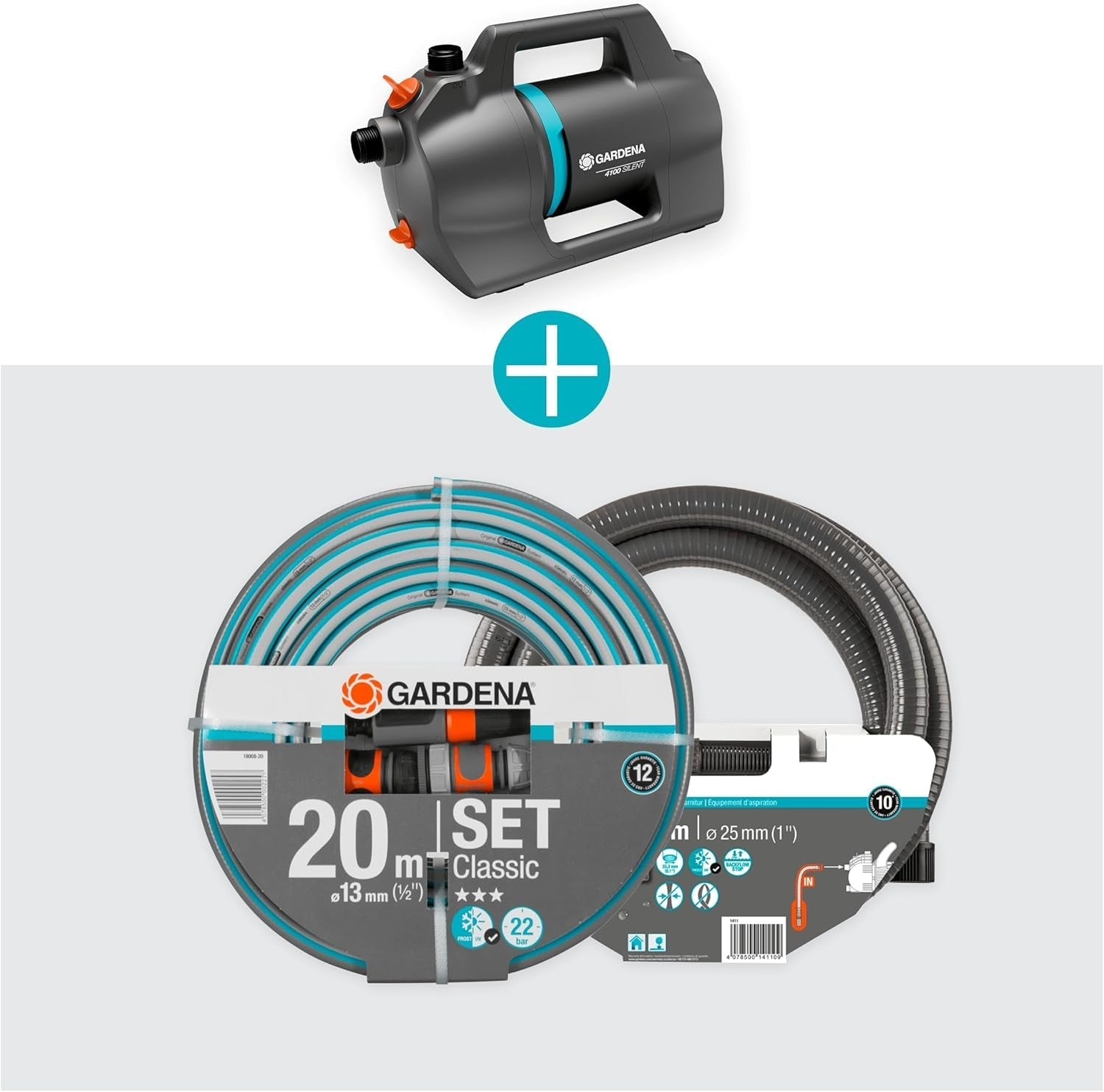 Gardena 4100 Silent Gartenpumpen-Set: Sehr leise und innovative Bewässerungspumpe mit 3,5 m Sauganschluss und 20 m klassischem Schlauch, 4100 l/h Durchfluss, 550 W Motor, wasserdicht, sparsam (9051-20)