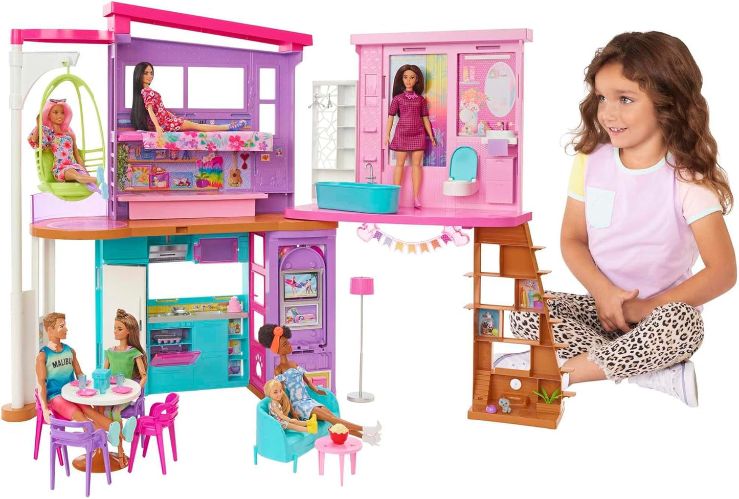 Barbie-Ferienhaus (116 x 77,9 cm), 6-Sitzer-Spielhaus, komplett möbliert mit Zubehör, Möbeln und Aufzug, faltbar und Aufbewahrung, Puppe, Geschenk für Kinder ab 3 Jahren, HCD50