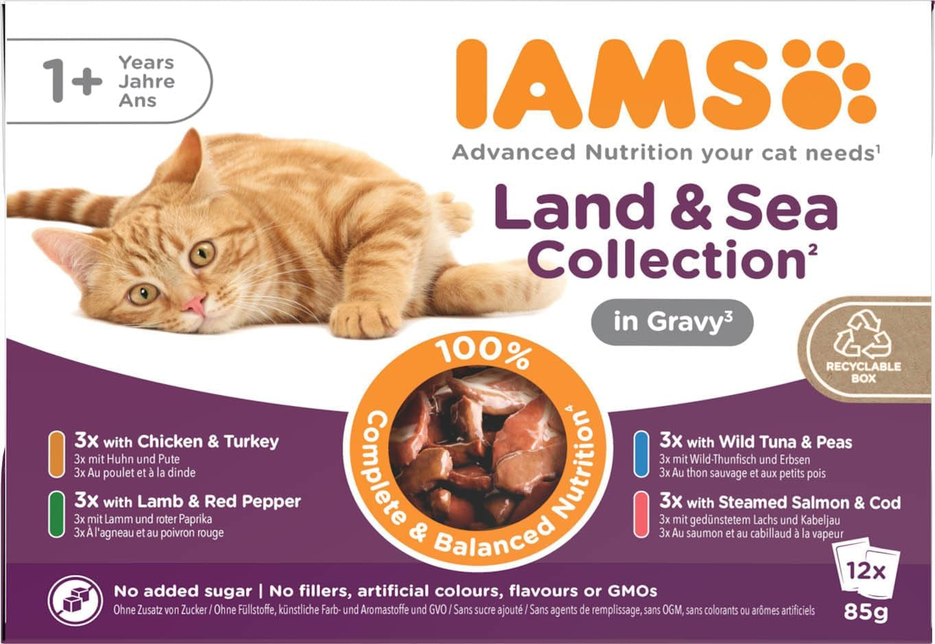 IAMS Delights Land & Sea Collection Nassfutter für Katzen – Fleisch- und Fischsortiment, Multipack in Soße, Nassfutter für Katzen ab 1 Jahr, 12 x 85 g