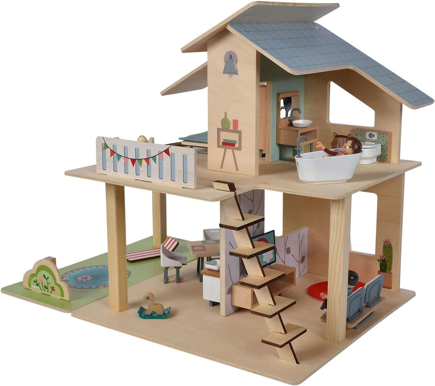 Eichhorn - Puppenhaus mit Zubehör - Inkl. Möbel und 3 Figuren, unmontiert, aus Holz, 25 Teile, 53 x 36 x 44 cm groß, aus DREI Jahren Naty Shop Puppenhäuser