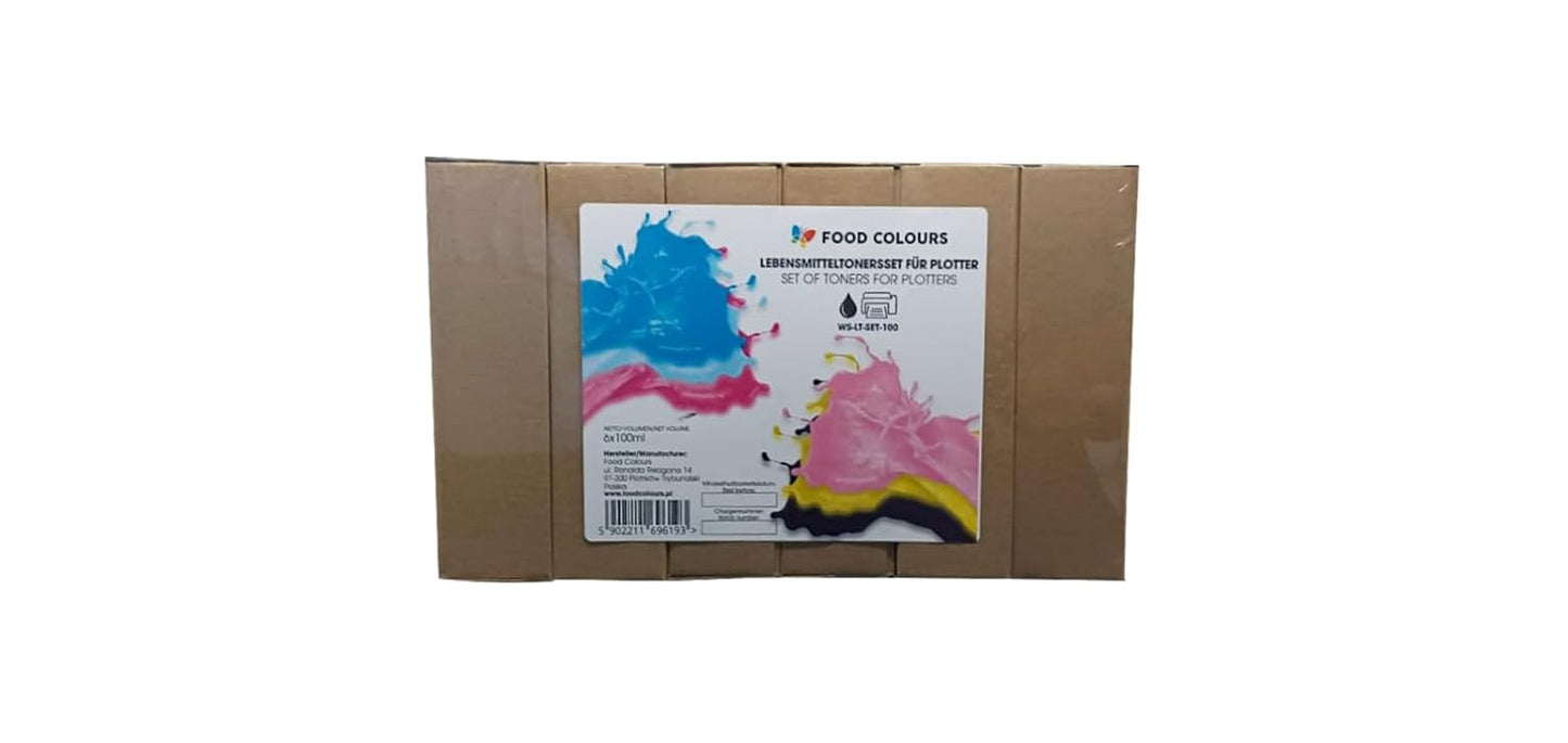 Lebensmittelfarben-Set mit essbaren Tinten für Plotter 6 x 100 ml | Helles Cyan | Cyan | Helles Magenta | | Magenta | Gelb | Schwarz | Essbarer Druck, Oblatenpapierdruck, dekorativer Kuchenbelag