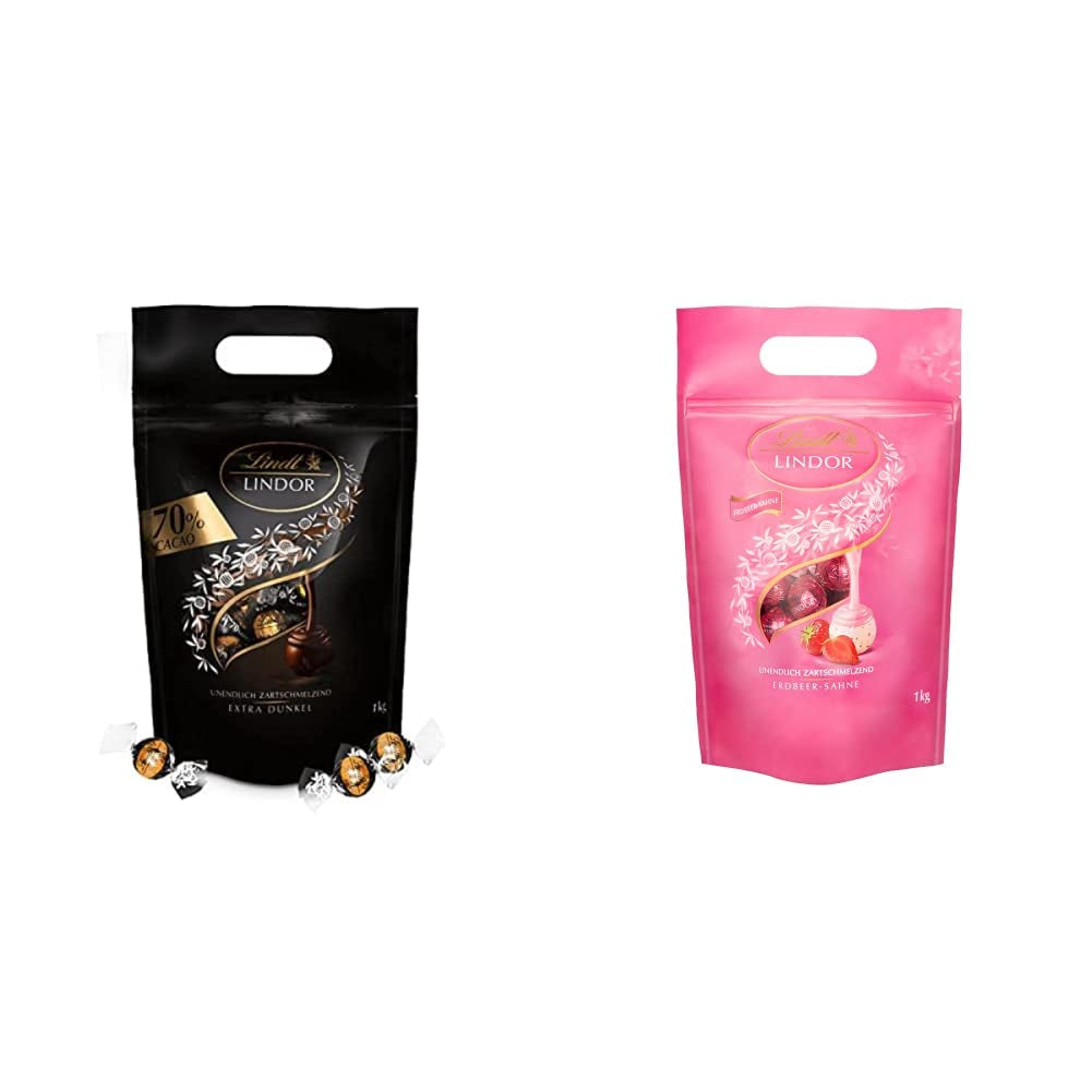 Lindt LINDOR Extra Dark Chocolate Balls und LINDOR Strawberry Creme Chocolate Balls | 1 kg wiederverschließbarer Beutel | ca. 80 weiße Schokoladenkugeln mit Erdbeercreme